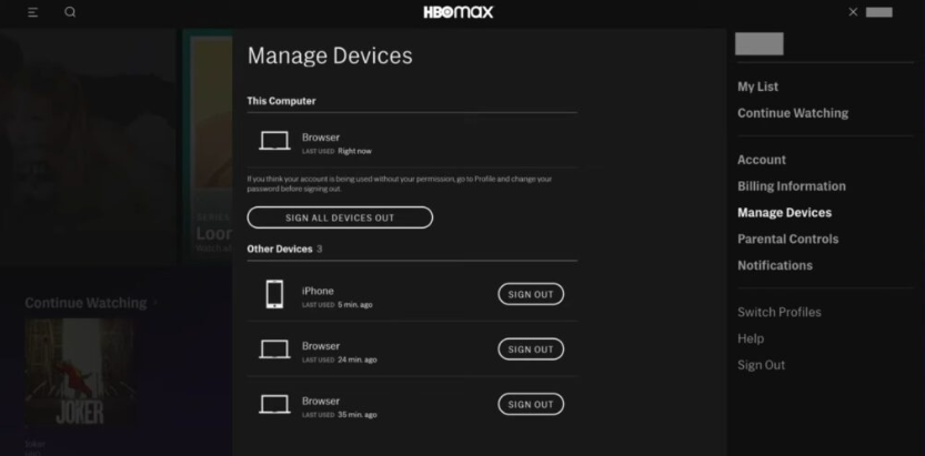 how to log out of hbo max