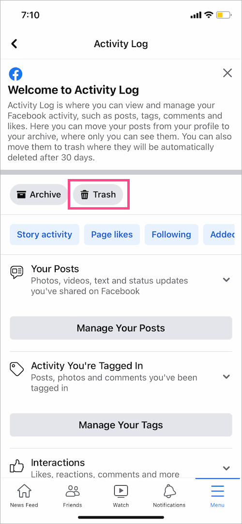how to find facebook trash