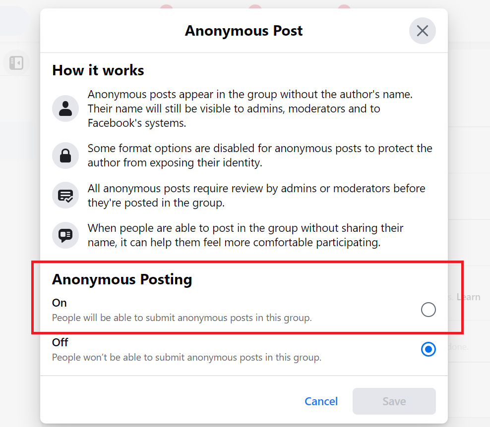 how to post anonymously on facebook group