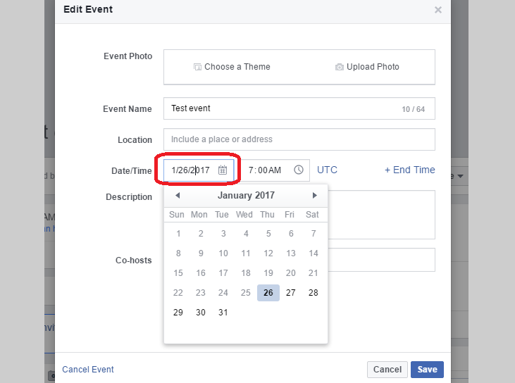 how to change the time of an event on facebook