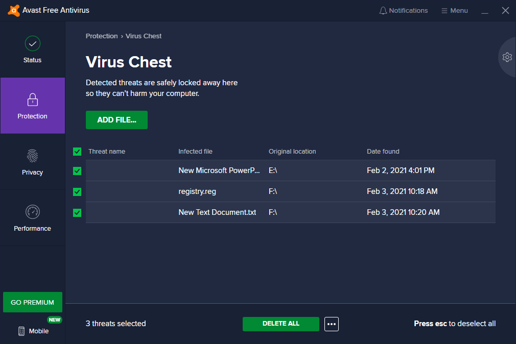 how to empty virus chest in avast