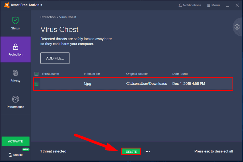 how to empty virus chest in avast