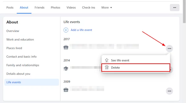 delete life event facebook