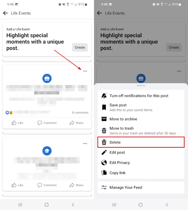 delete life event facebook