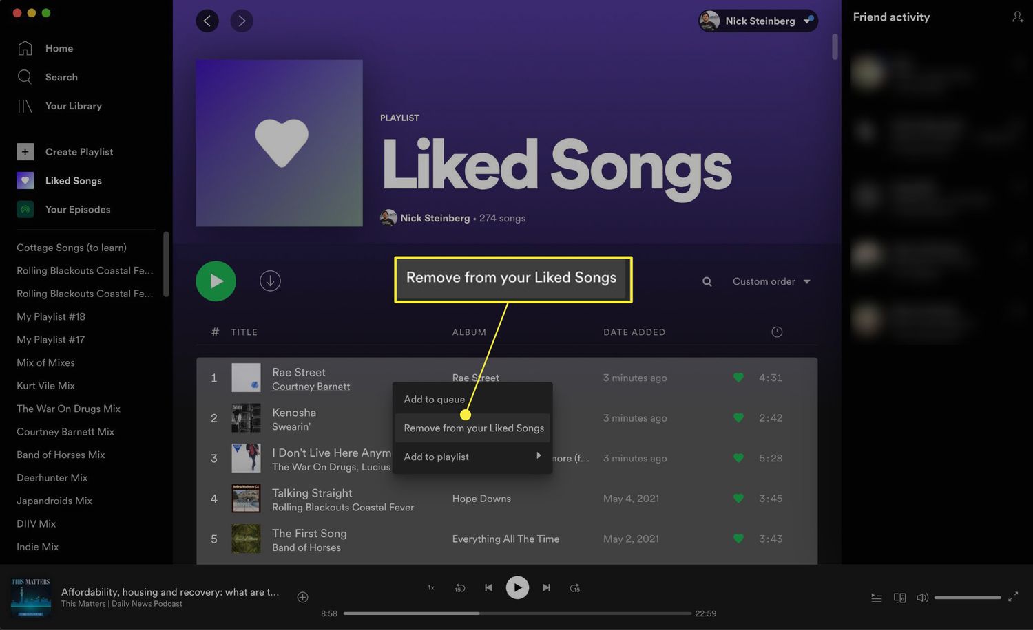 how to remove all liked songs on spotify