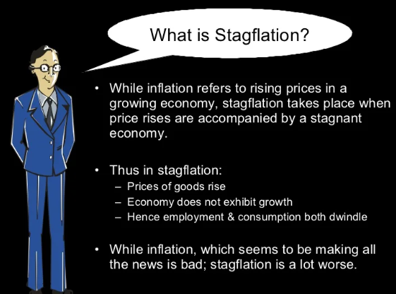 which factors would be mentioned in an accurate description of stagflation? check all that apply.