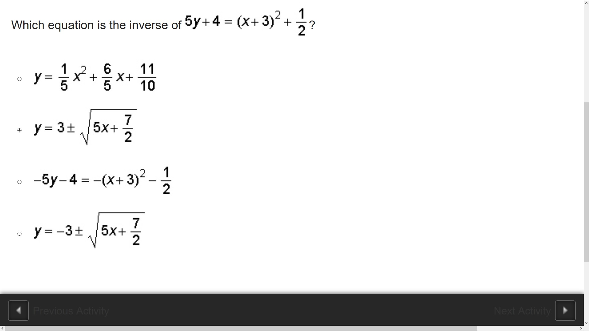 which equation is the inverse of 5 y + 4 = (x + 3) squared + one-half?