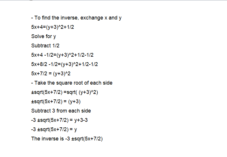 which equation is the inverse of 5 y + 4 = (x + 3) squared + one-half?