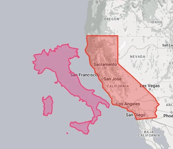 Size of Italy compared to California