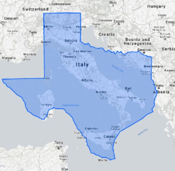 How big is Italy compared to Texas